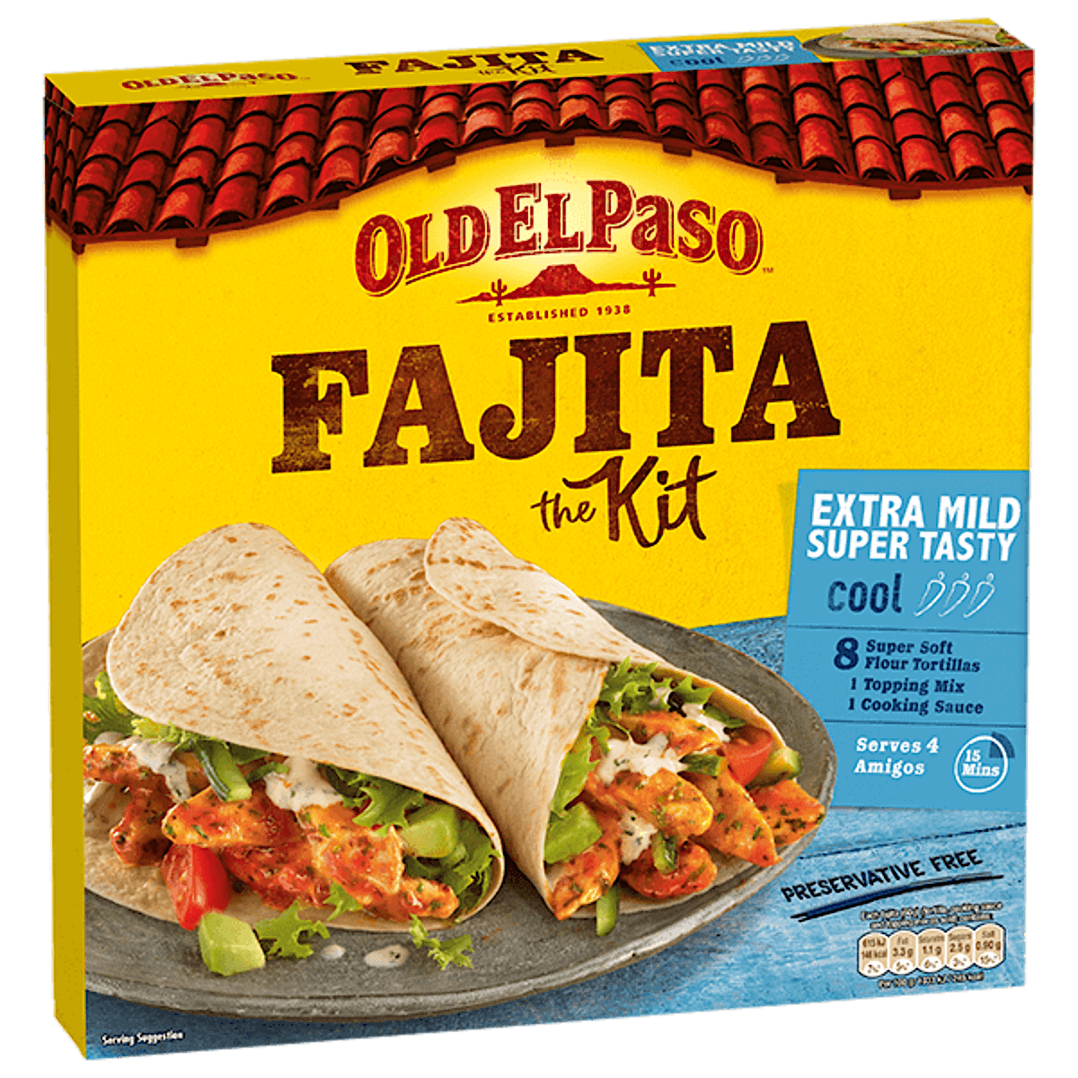pack of Old El Paso's extra mild super tasty fajita kit containing tortillas, spice mix and cooking sauce (476g)